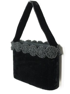 Black Velvet Velour Seed Bead Flowers Bucket Bag vintage 50s retro mid century